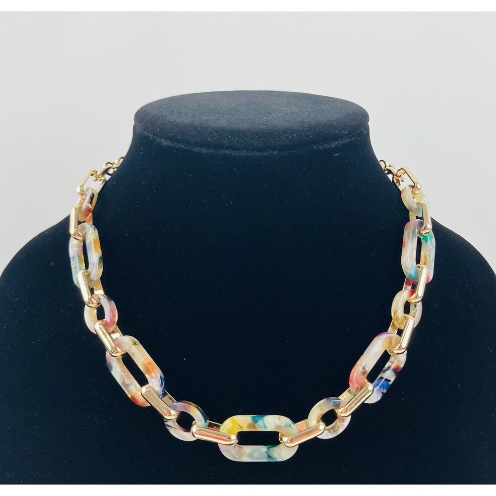 LOFT Necklace Womens Gold Tone Faux Agate Plastic Paperlip Link Statement Light